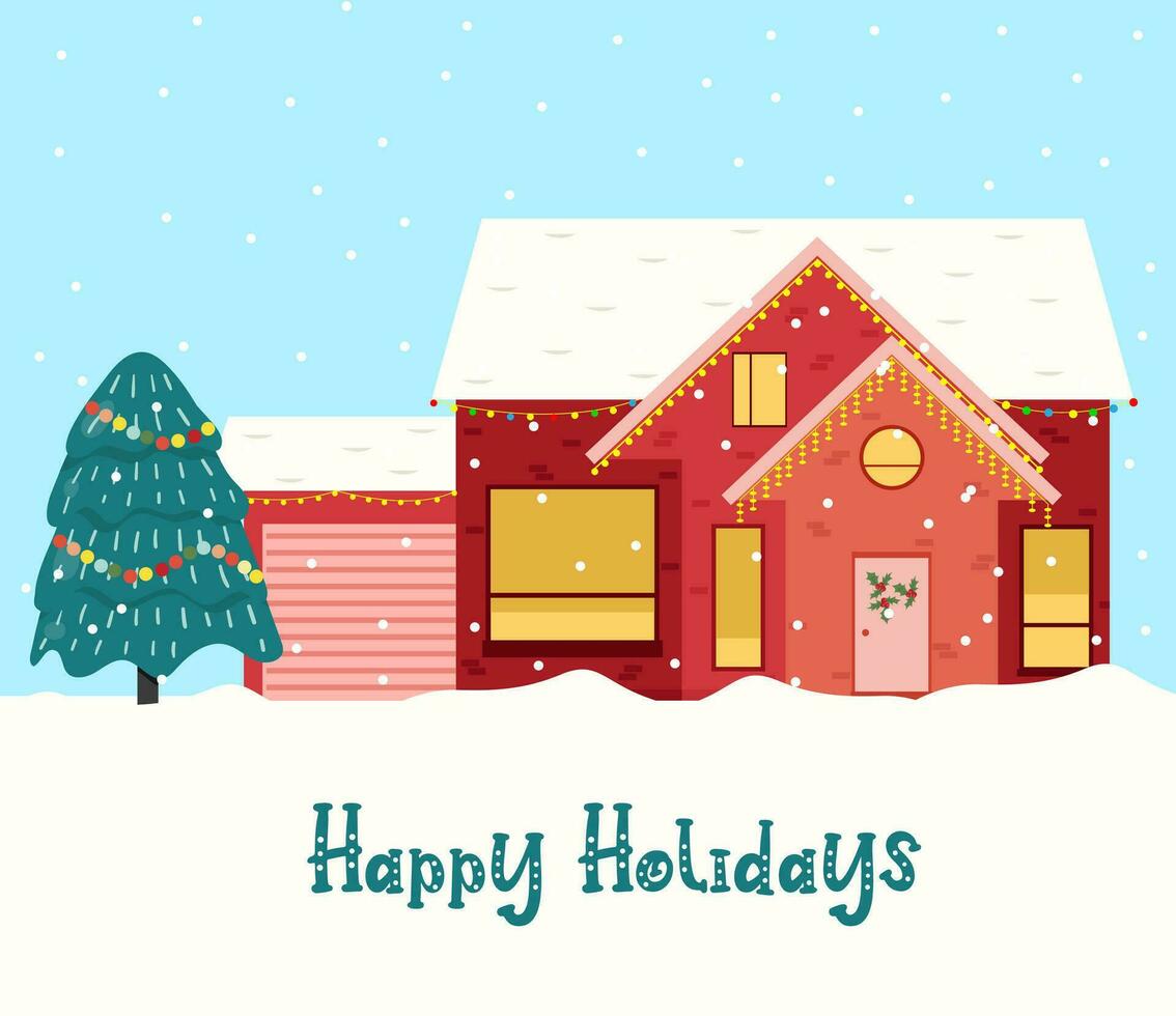 Cute Christmas house Winter village Decorated House town Season Greetings. vector