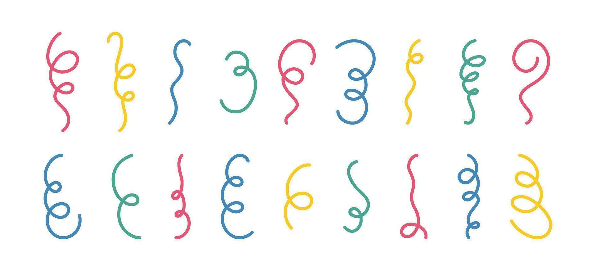 Doodle festive confetti and streamers set. Hand drawn falling confetti collection. Doodle party firecracker and popper elements. Color vector illustration on white background in childish style.