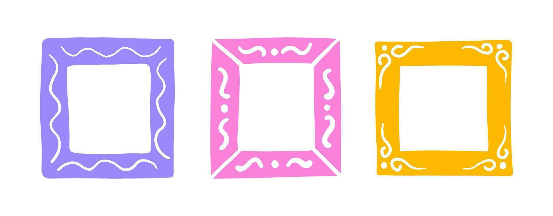 Color simple hand drawn picture frames. Doodle photo frames set. Blank hand drawn square, rectangle and circle. Scribble picture border. Vector doodle illustration isolated on white background.