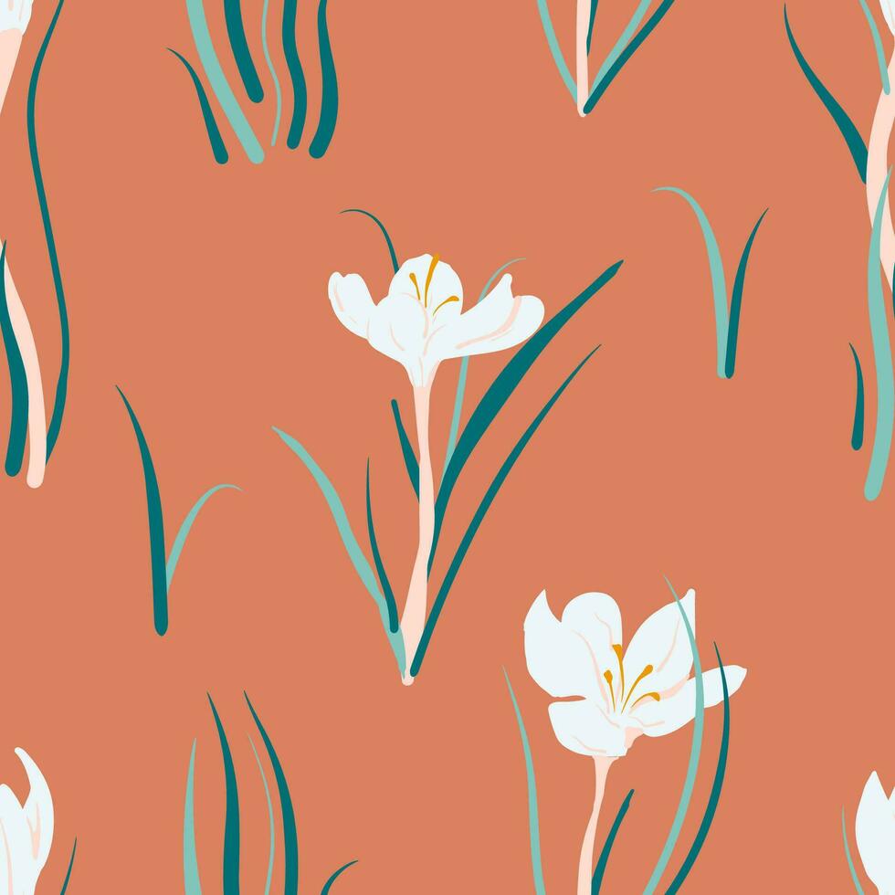 Abstract floral seamless pattern with crocuses. Modern floral exotic print. Hand drawn artistic design for paper, cover, fabric, textile vector