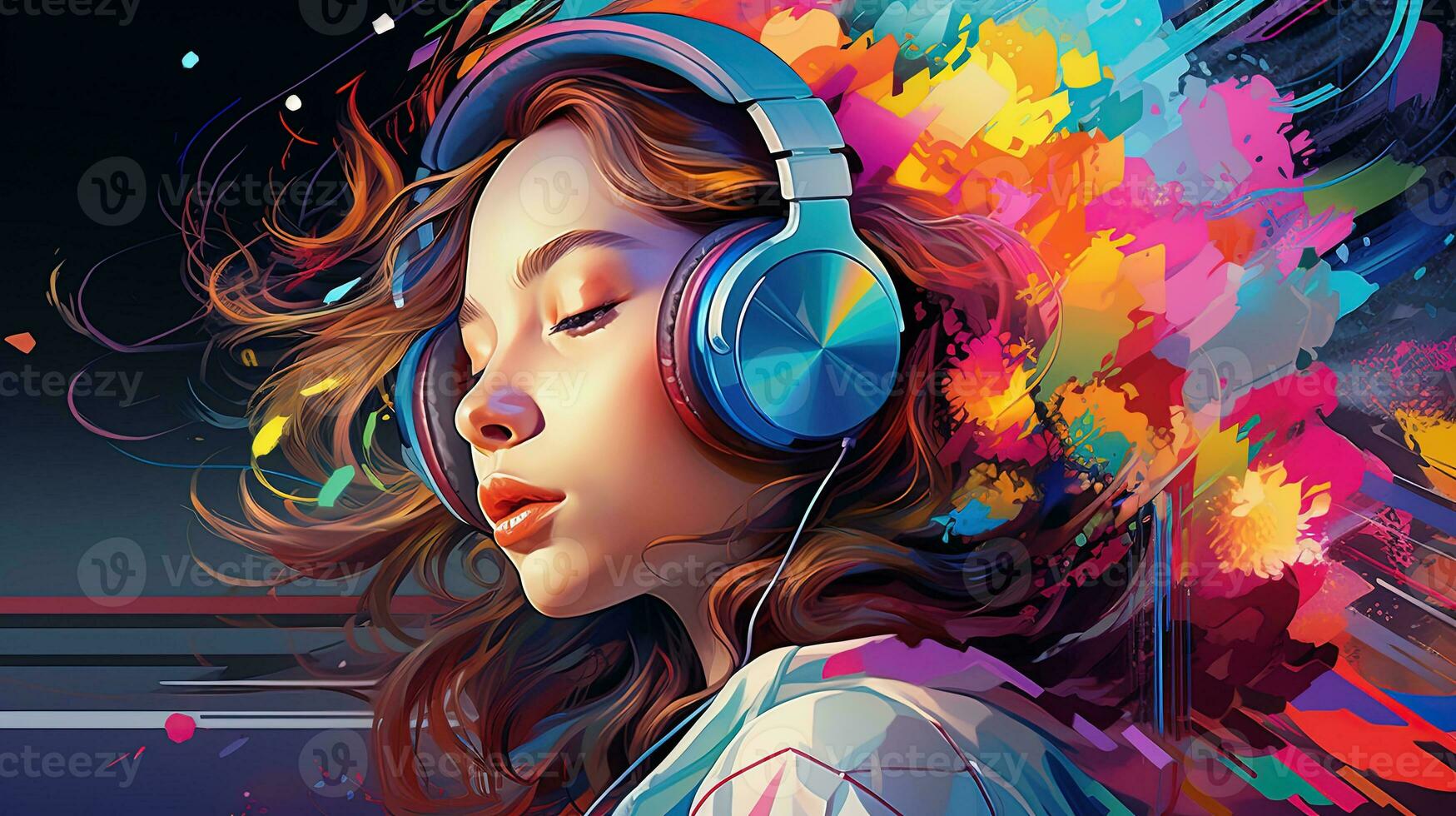 An Illustration of Colorful Portrait of A Person Listening to Music While Wearing Headphones photo