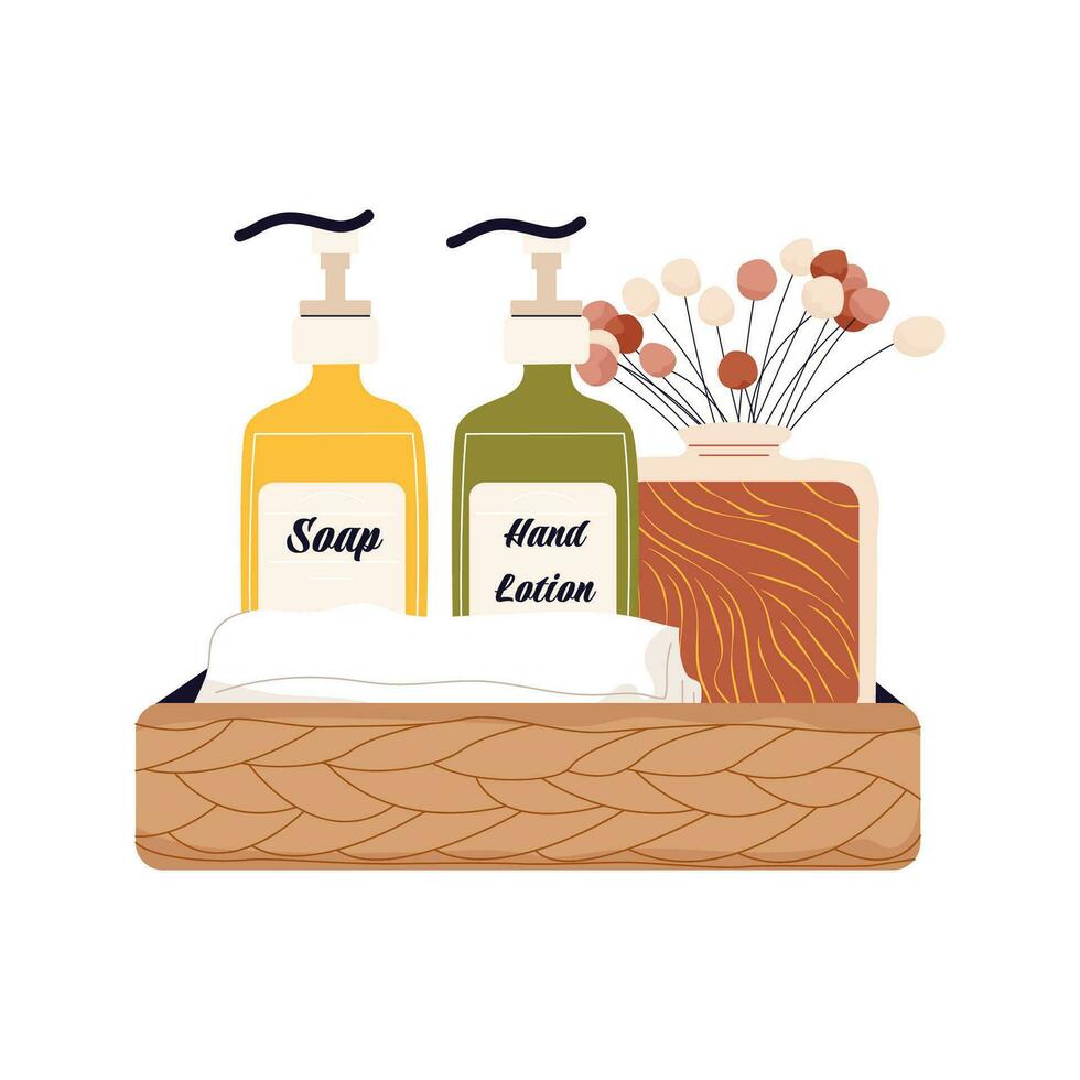 Wicker basket with hand care products. Straw box with clean towel, cosmetics bottles and a vase with flowers. Scandinavian minimalist home decor. Flat graphic vector illustration