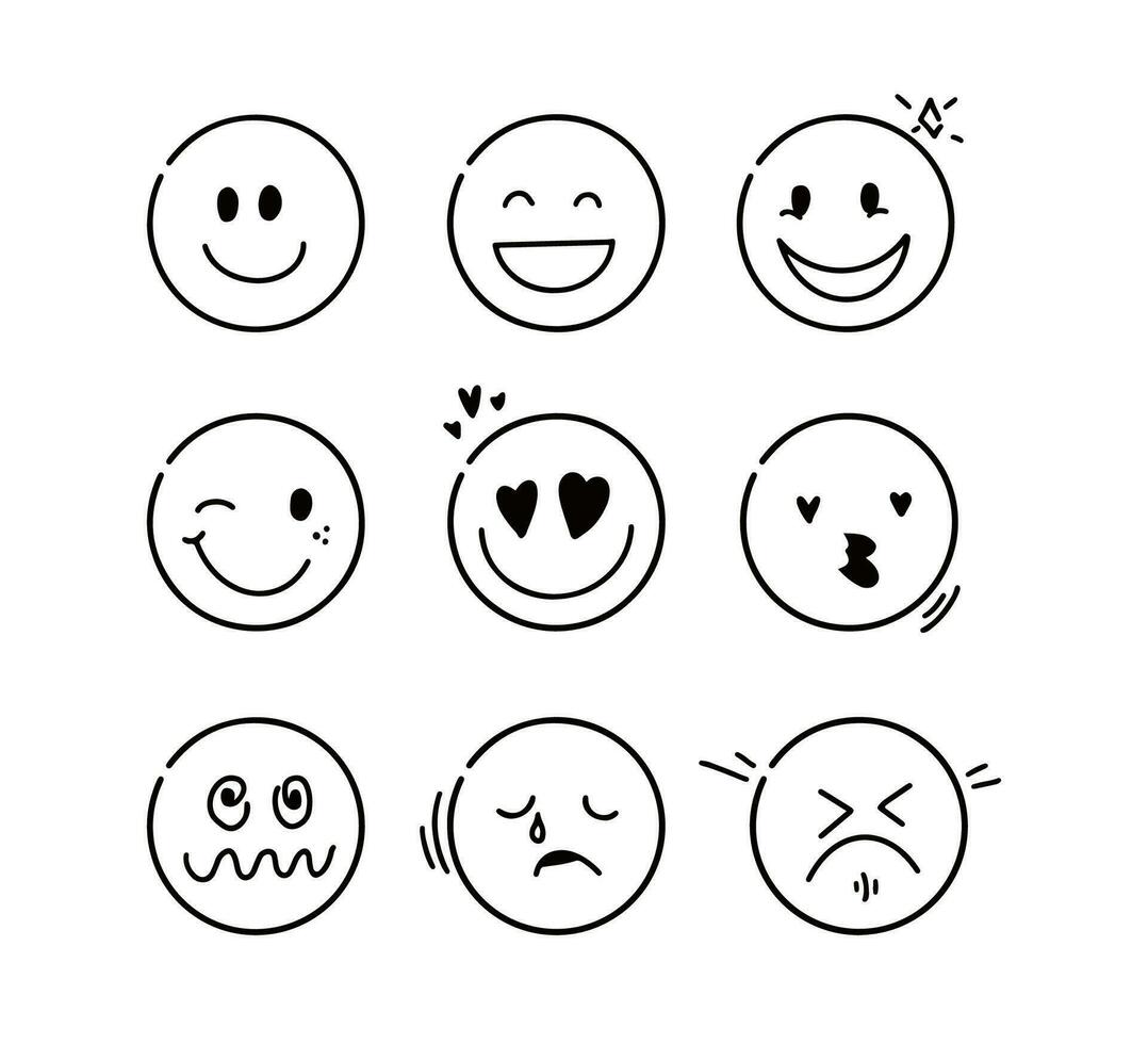 garabatear emoji cara línea icono colocar. cómic caras con diferente emoción expresiones, sonrisa, feliz, en amar, enojado, triste. garabatear dibujos animados estilo. vector ilustración aislado en blanco antecedentes