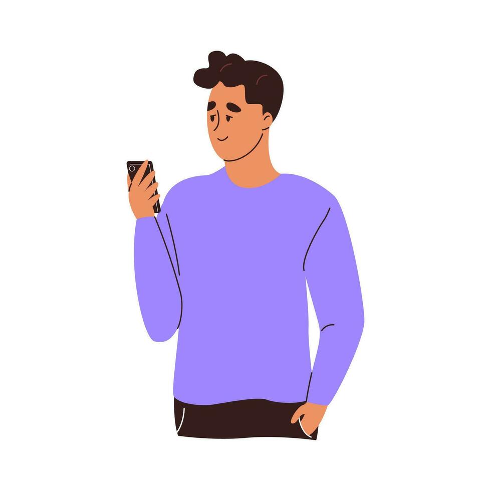 Young man using mobile phone. Smiling guy standing holding smartphone in hand, typing, chatting, surfing internet. Flat vector illustration isolated on white background