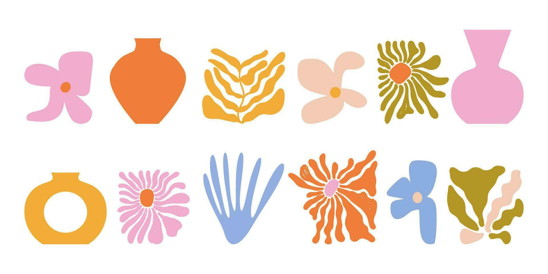 Set of abstract organic curve shapes inspired by Matisse. Groovy flower, leaf, algae, vase in trendy retro hippie 70s style. Modern vector illustration for logo, decoration, print