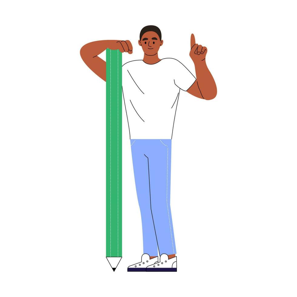 africano americano hombre participación grande lápiz. joven negro chico estudiante aprendiendo, estudiando, buscando. dibujos animados masculino personaje propensión en gigante lápiz de color. plano vector ilustración aislado en blanco antecedentes