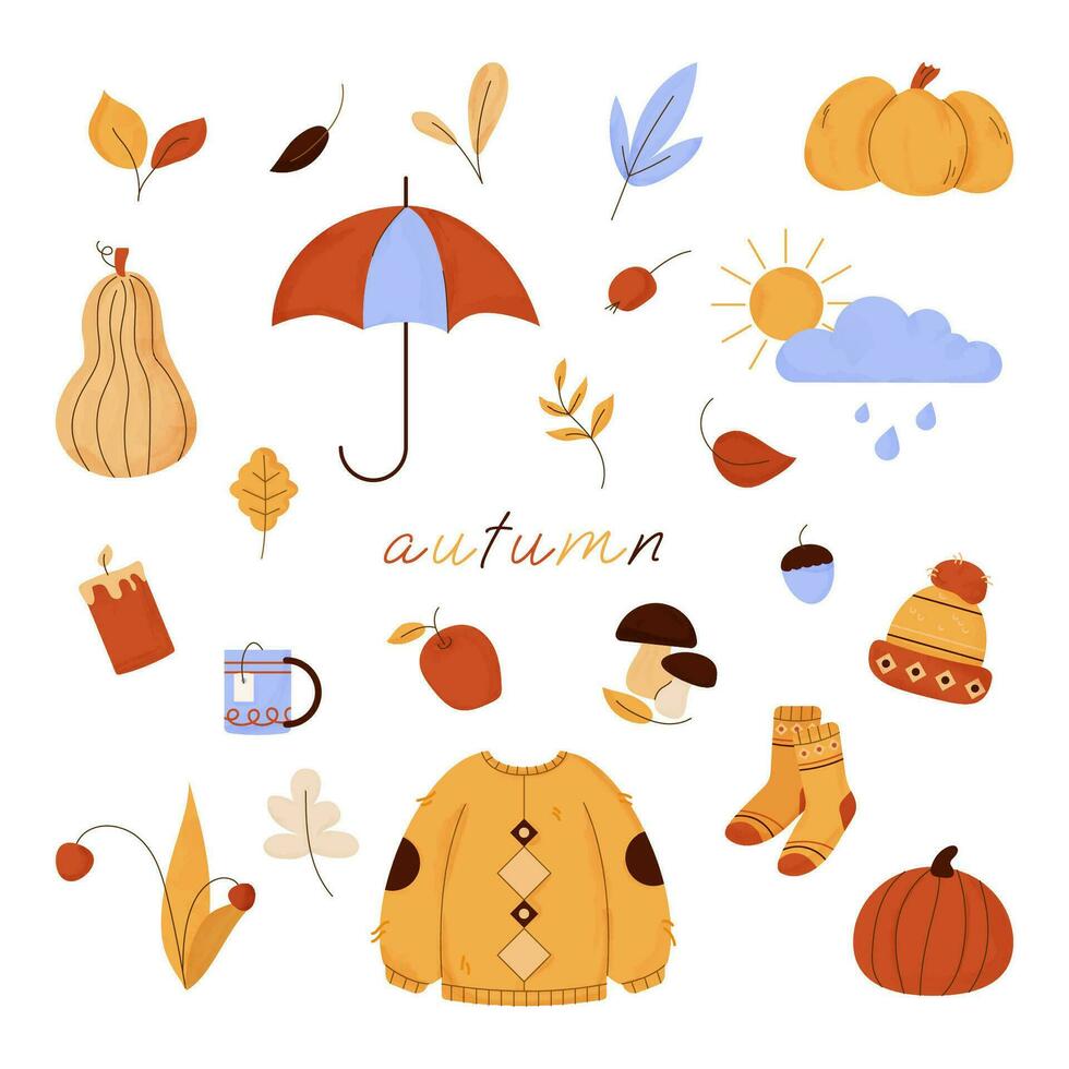 Autumn season cute watercolor design elements set. Collection of fall leaves, berries, pumpkins, umbrella, sweater, socks, hat, hot cup of tea. Flat vector illustration isolated on white background