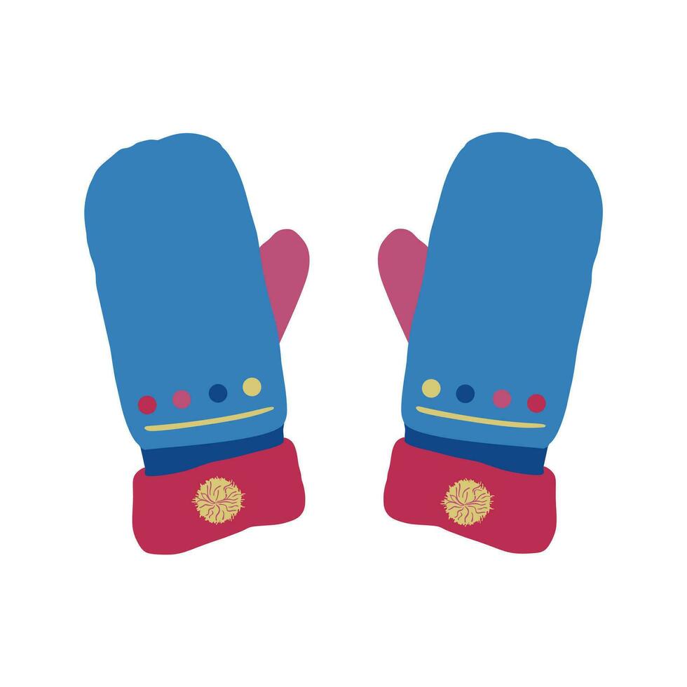Winter gloves concept. Blue knitted element of clothes. Comfort and coziness in cold weather and winter season. Mittens vector