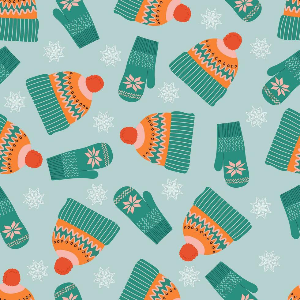Seamless background of winter hats and mittens. Decorated with snowflakes.Vector illustration. vector