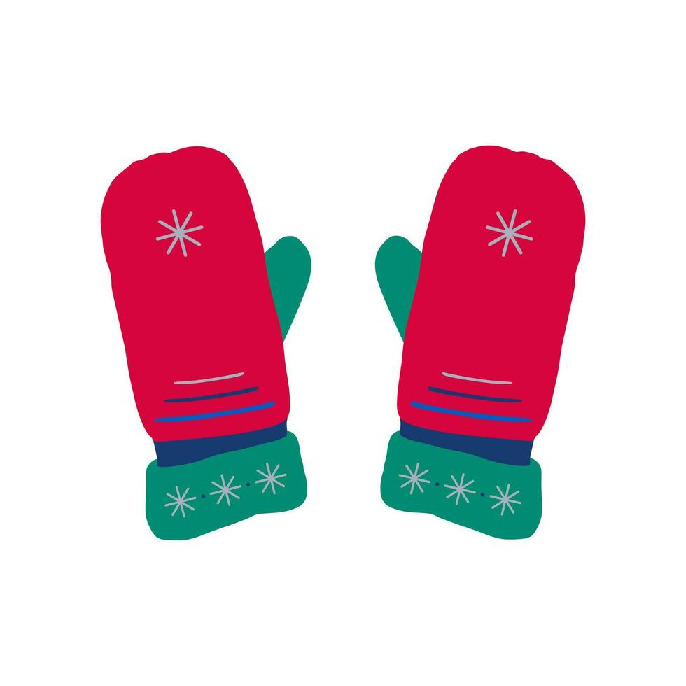 Pair of woolen knitted mittens with snowflakes. Cozy winter gloves isolated on the white background. Flat illustration. vector