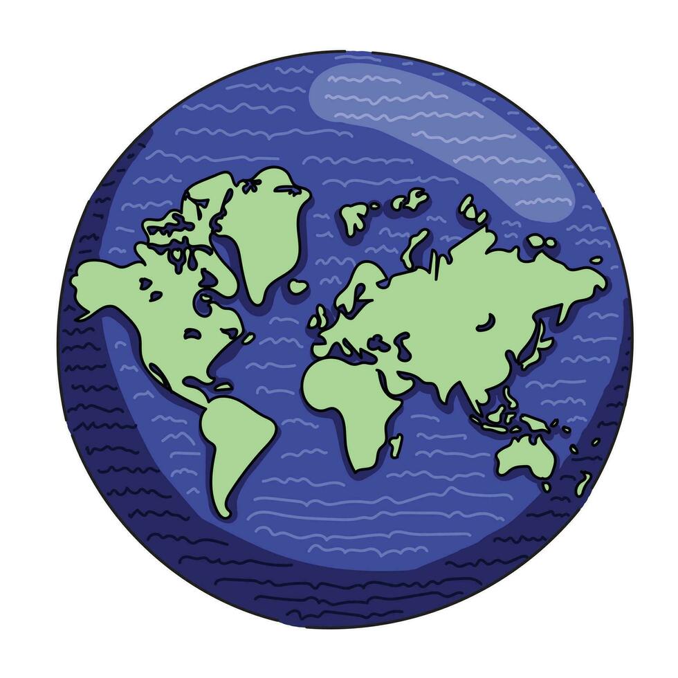 Blue Globe earth illustration with vector shadows and light green map of the continents of the world. Hand drawn.