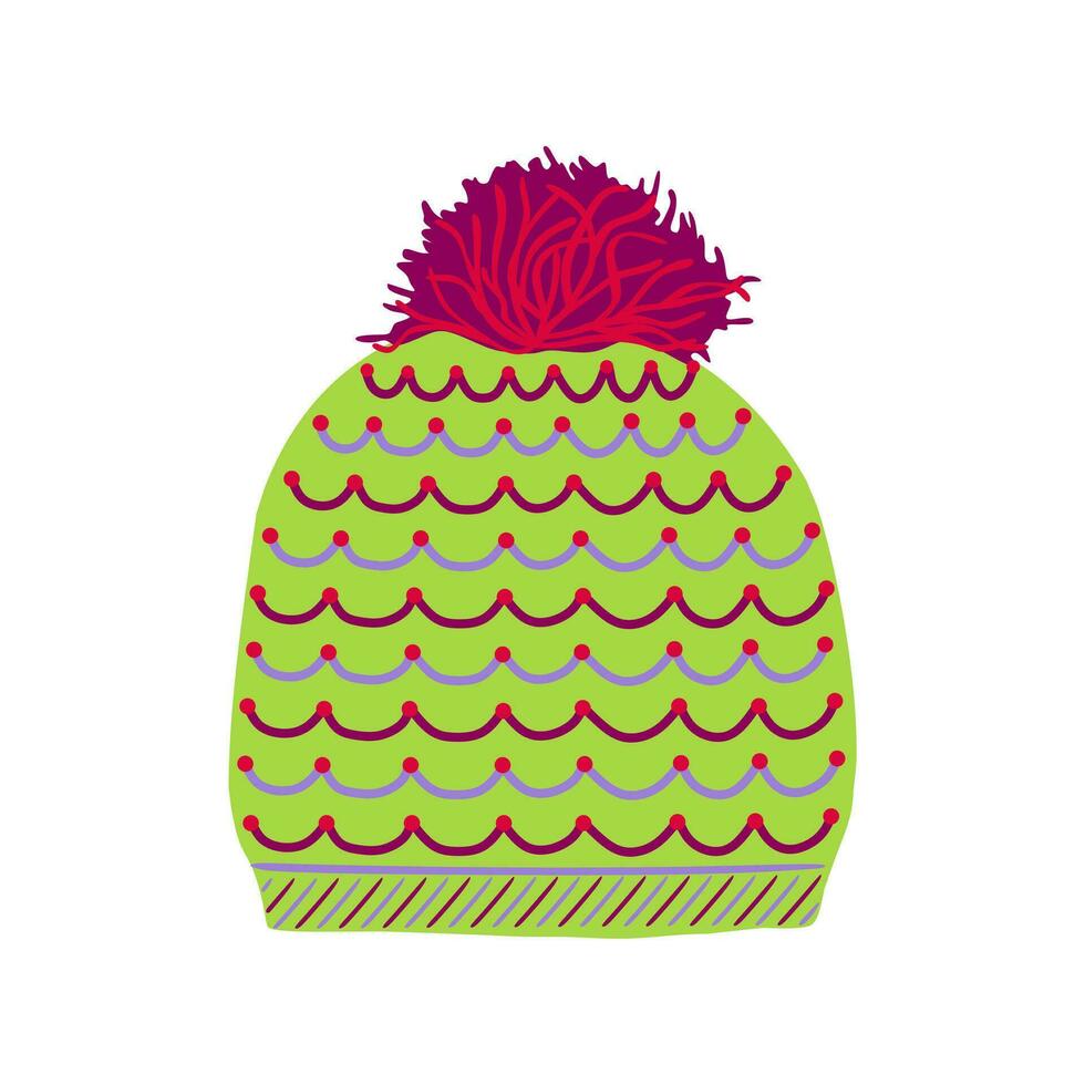 Green and violet winter hat with a pattern and pompon. New Year's headdress made of wool for cold weather. vector