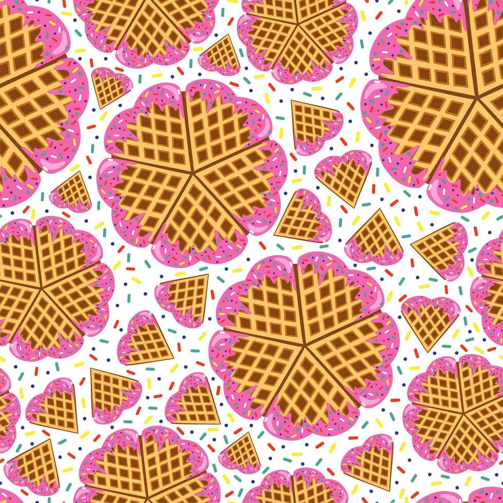 Valentines day sweet lunch. Seamless pattern. Hearts shape pastry. Sweet cookies. Love day. Tasty homemade waffles. vector