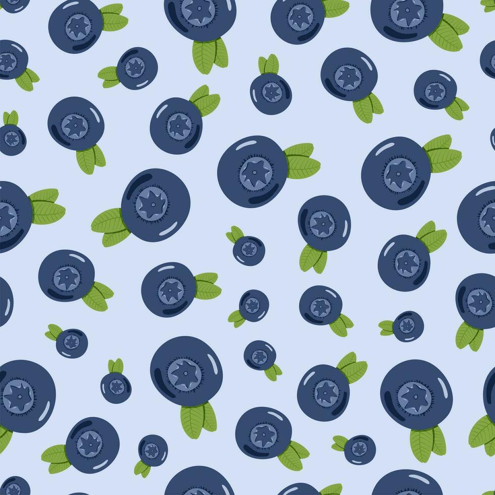 Seamless pattern with blueberry on light blue background. Natural fresh ripe tasty blueberries. Vector illustration.
