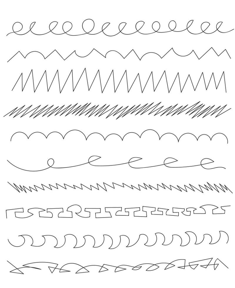 Set of simple black underline lines with pen, pencil, marker. Handwriting of different lines wavy. Scribble. vector