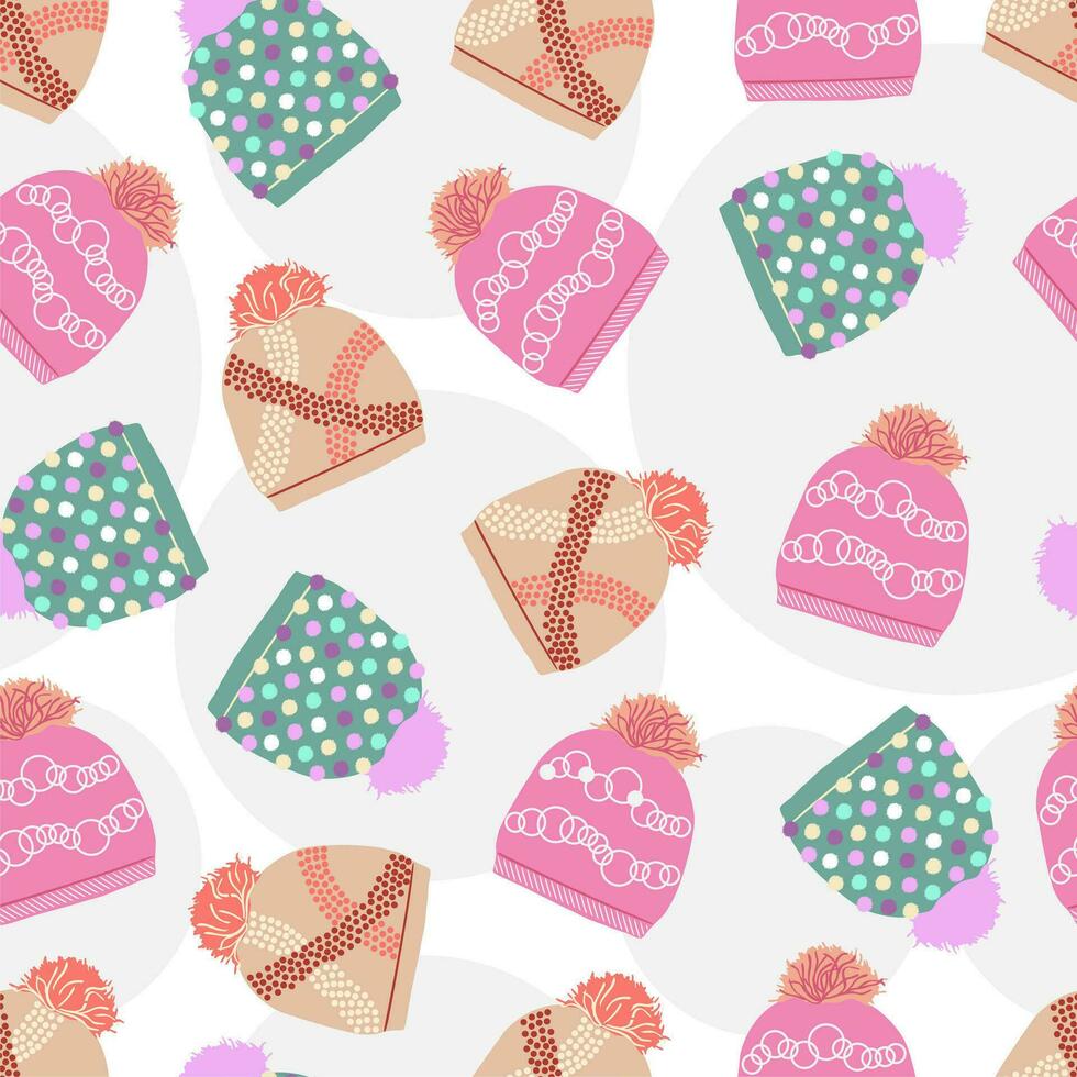 Winter seamless pattern with hats or caps in vector. Pastel colors illustration collection. vector