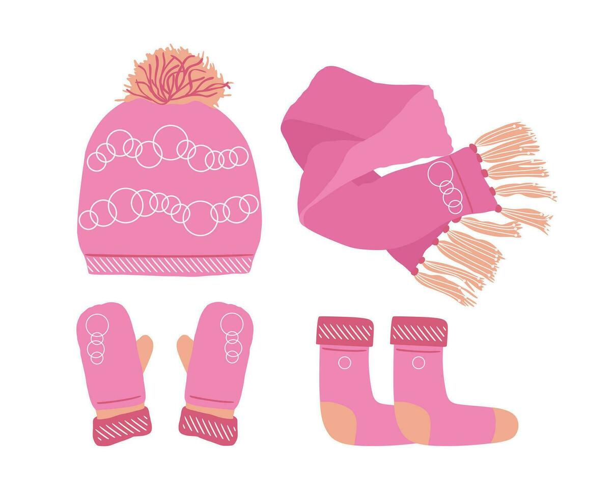 Pink Hat with a Pompom, Scarf, socks and Mitten Set Knitted Seasonal Winter Traditional Accessories with Ornament. vector