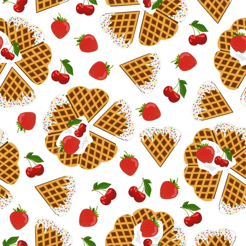 Valentines day sweet lunch. Seamless pattern. Hearts shape pastry. Sweet cookies. Love day. Berries vector