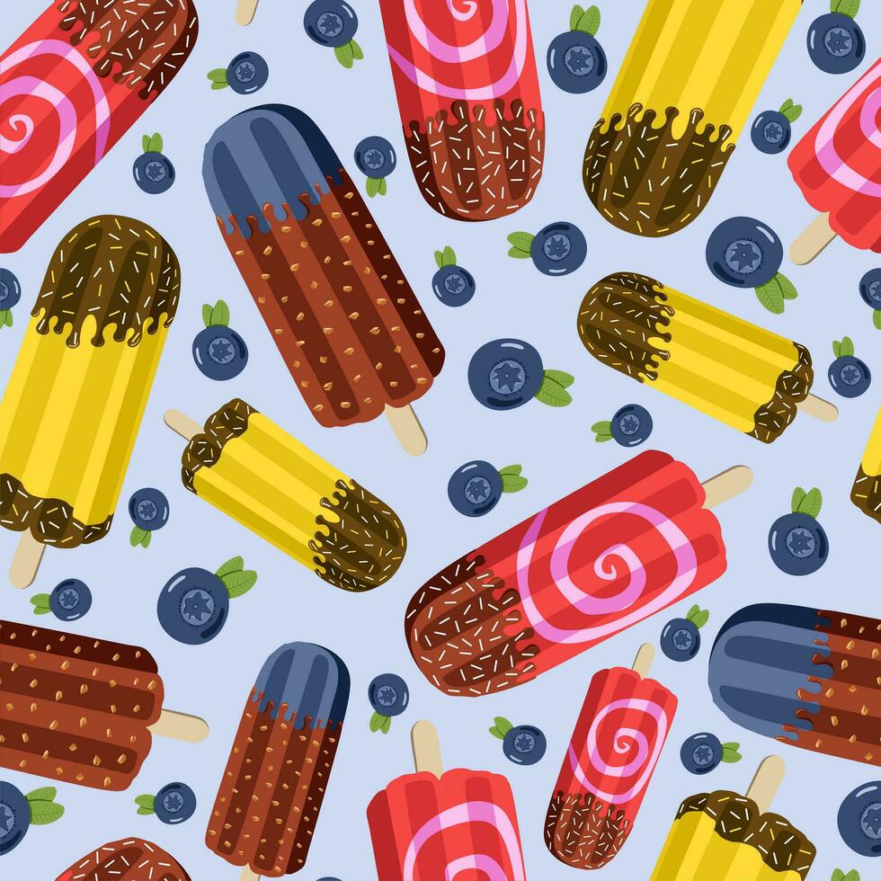 Ice cream seamless pattern. Colorful eskimo with chocolate. Blueberry. Isolated on light blue background. vector