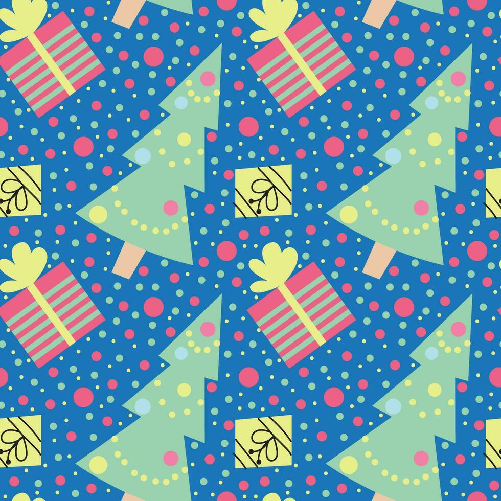 Decorated Christmas tree with gifts. Seamless pattern. Vector illustration.