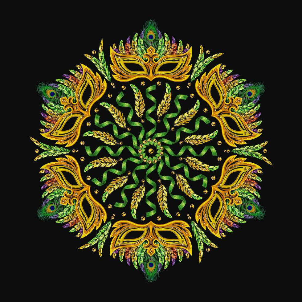 Round yellow and green pattern like mandala for Carnival. Masquerade mask, colorful feathers, peacock feather, spiral ribbons, streamers, beads. For prints, clothing, t shirt, plate, surface design vector