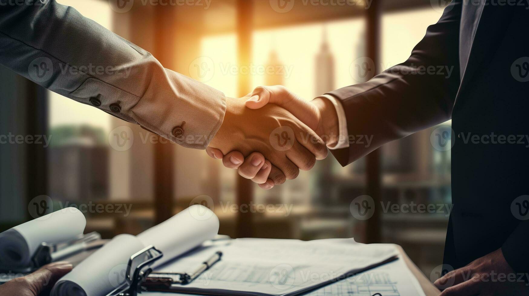 business people shaking hands over a table with a city view. AI generative photo