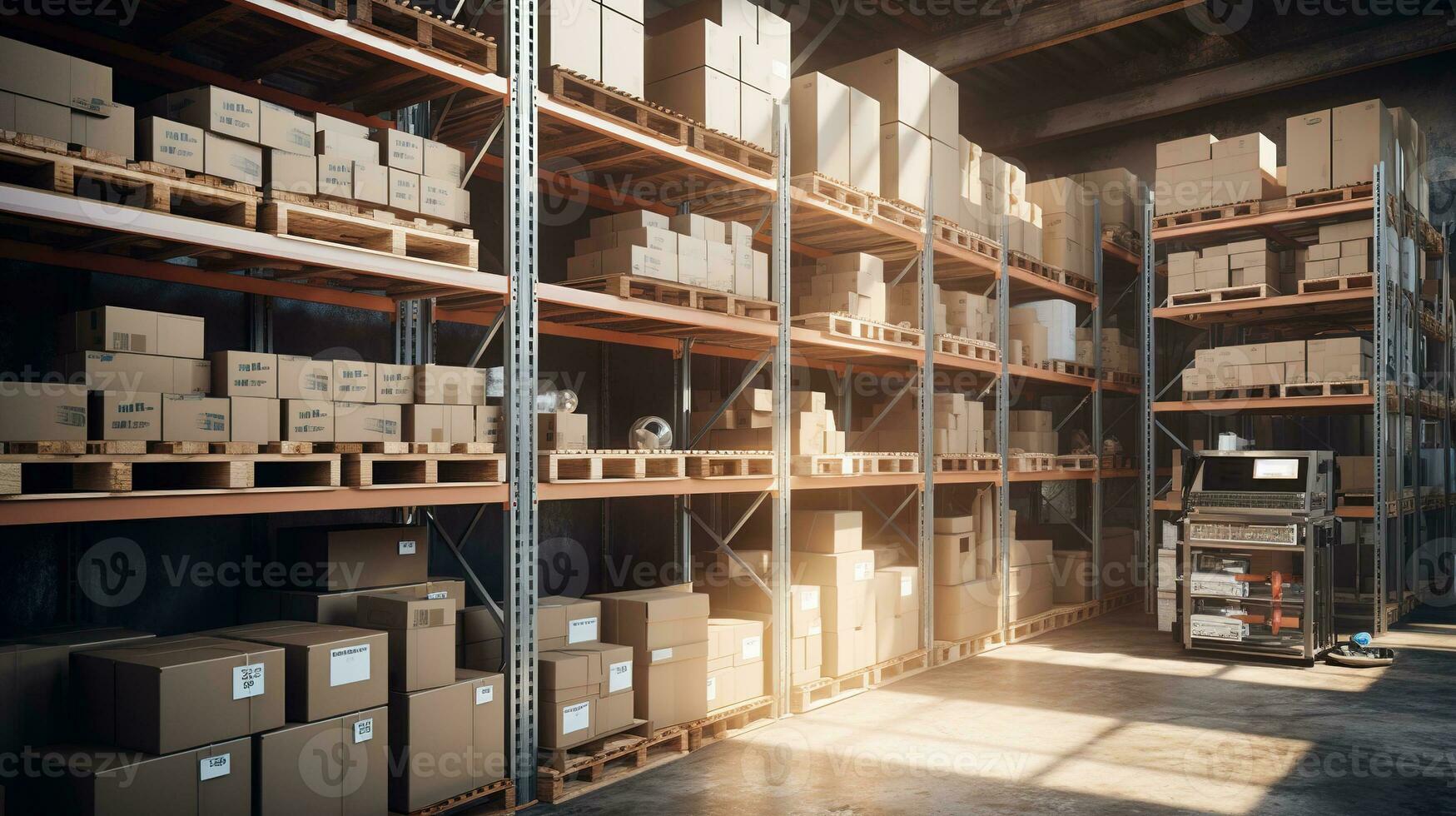 a warehouse with boxes and shelves. AI generative 32973914 Stock Photo