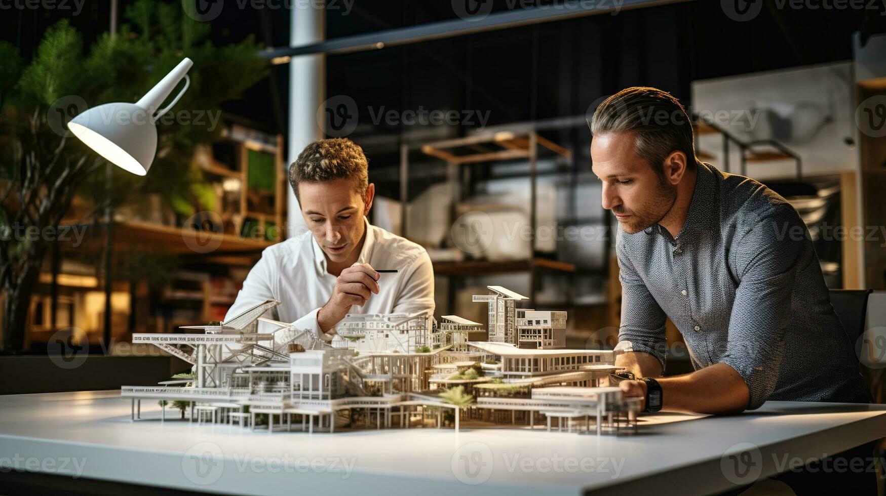 two men looking at a model of a building.  AI generative photo