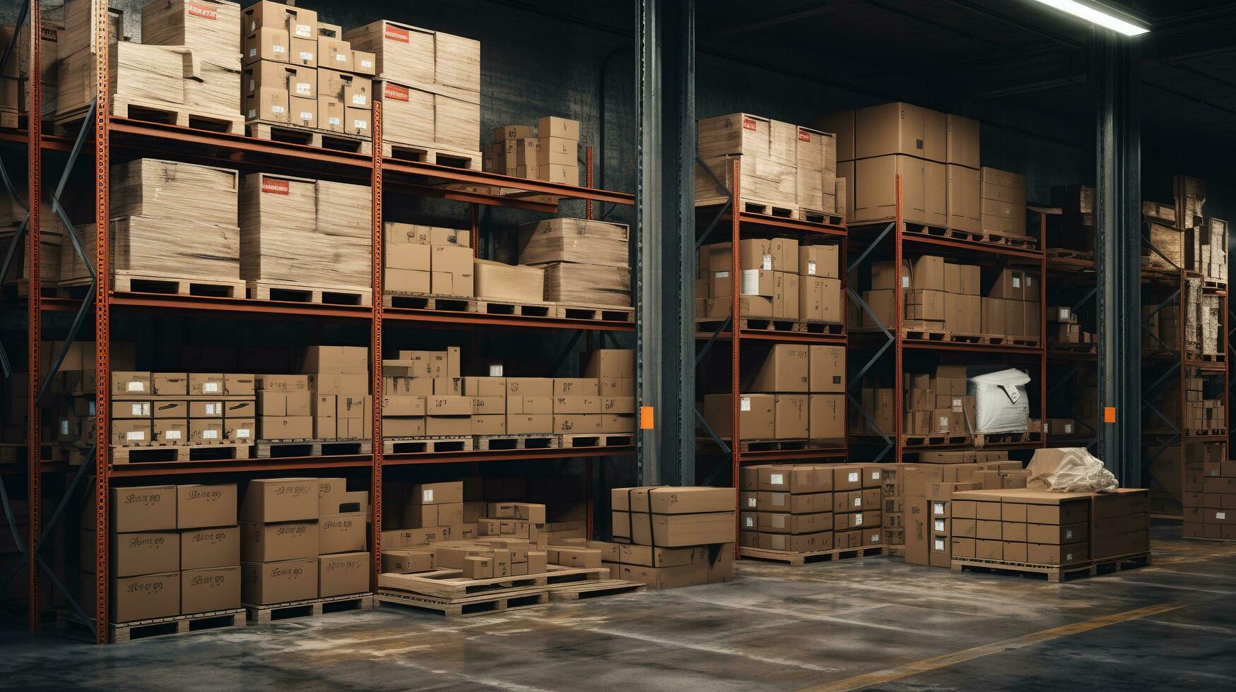 a warehouse with boxes and shelves.  AI generative photo