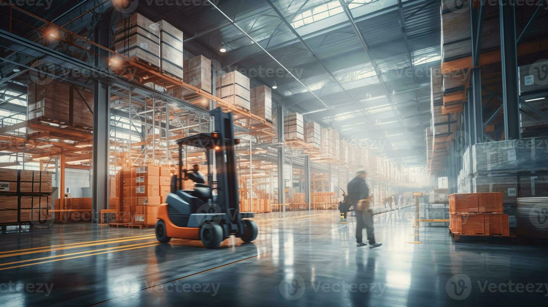 a man standing in front of a forklift in a warehouse. AI generative photo