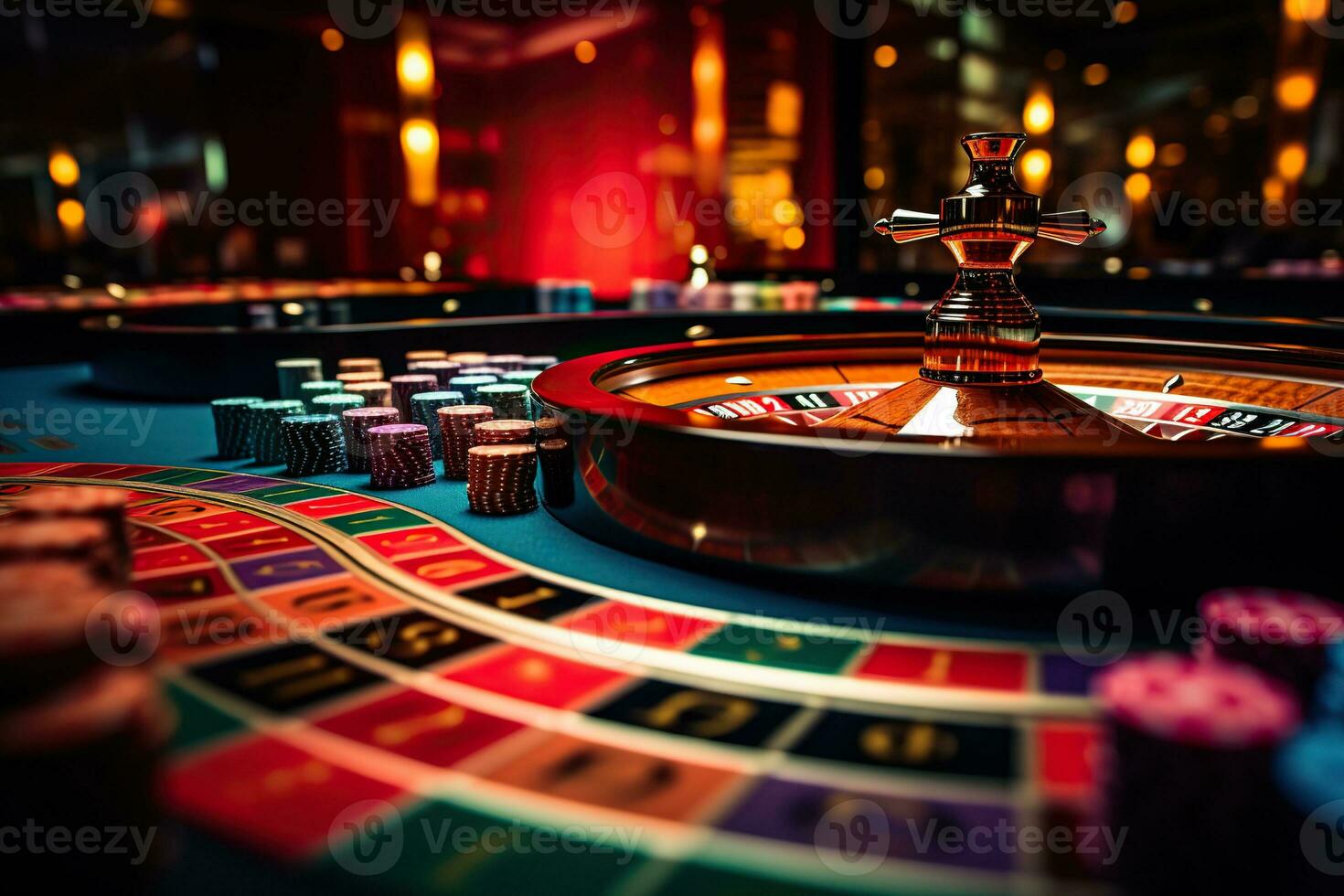 casino, de cerca de ruleta en un jugando mesa, pilas de papas fritas. juego concepto. generado por artificial inteligencia foto
