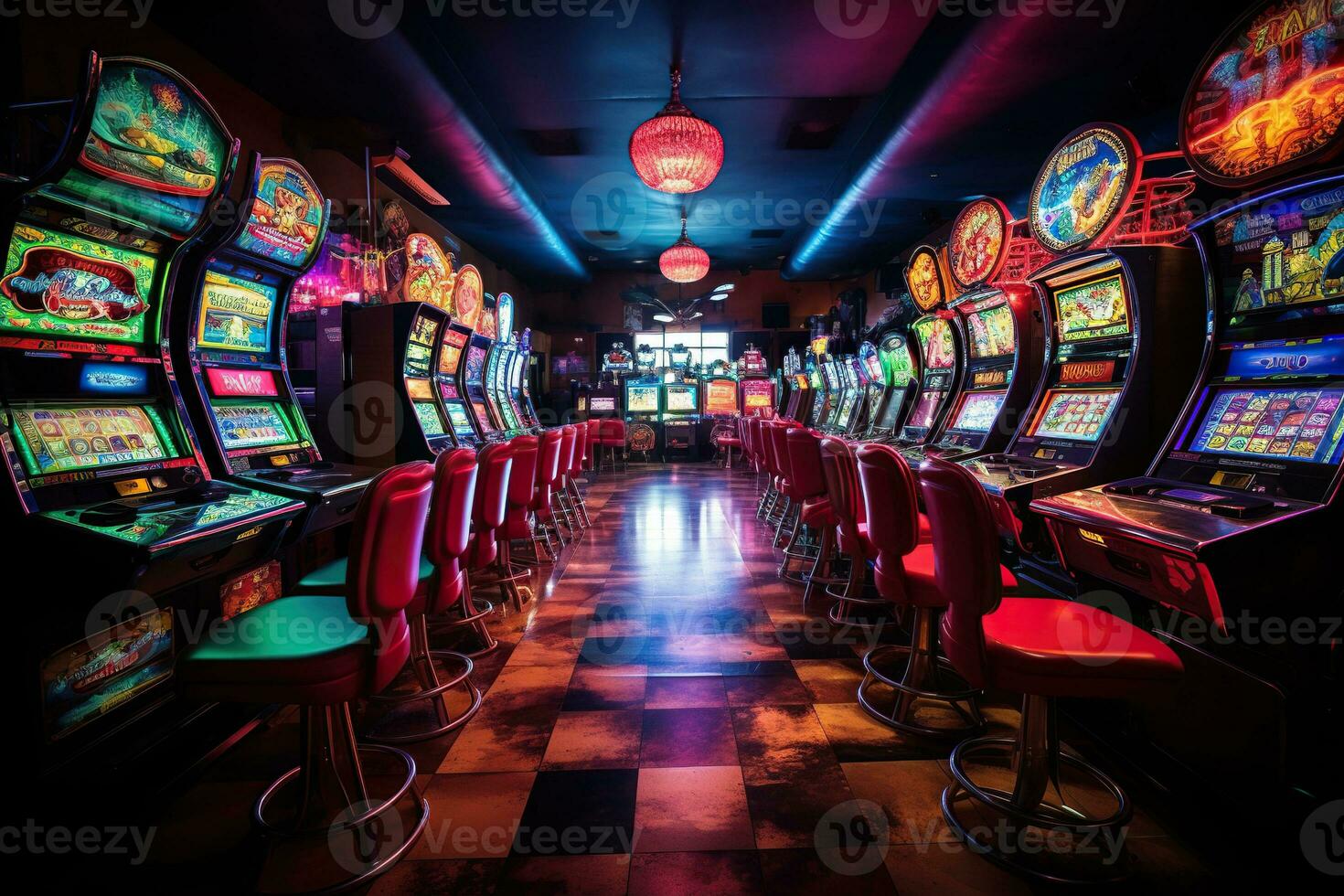 A hall with many slot machines and comfortable chairs. Gambling concept. Generated by artificial intelligence photo