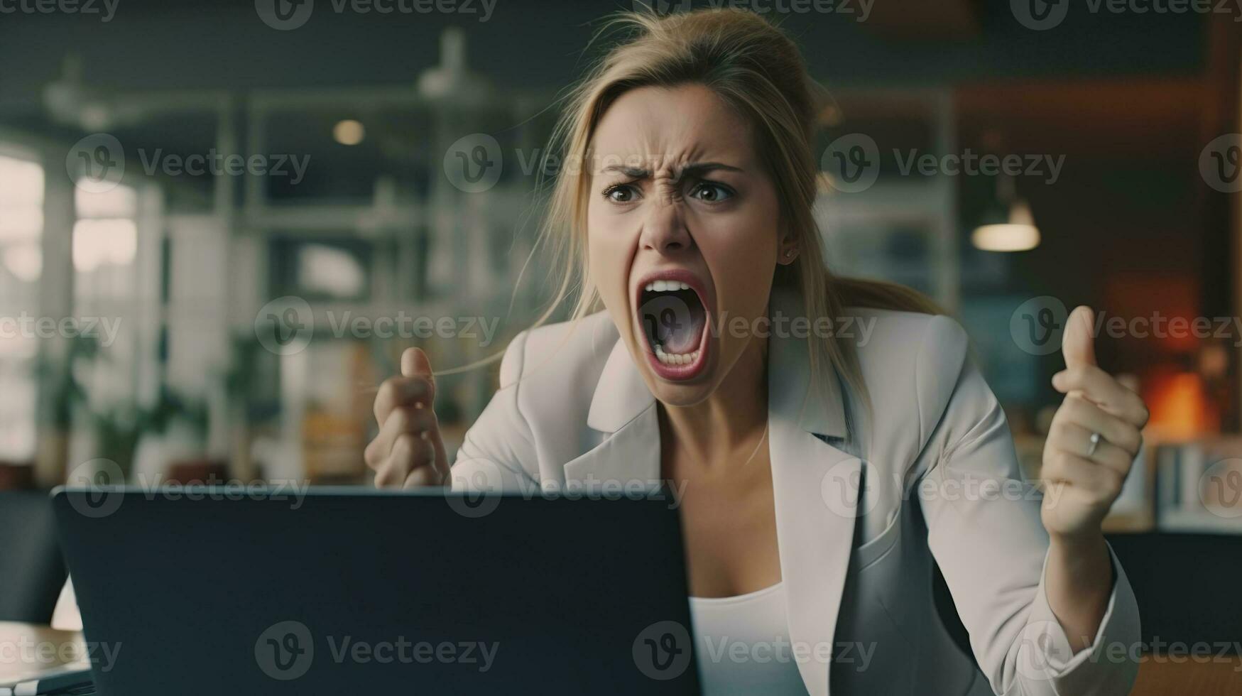 un mujer gritando a su ordenador portátil. ai generativo foto