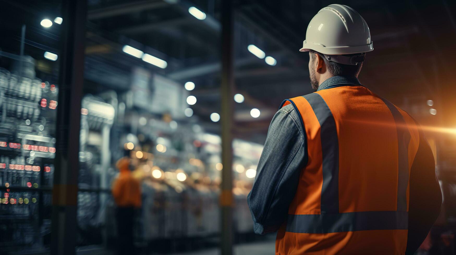 a man in an orange vest and hard hat standing in front of a factory. AI generative photo