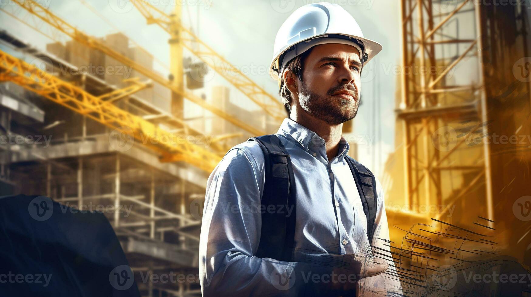 a man in a hard hat and safety vest standing in front of a construction site. AI generative photo