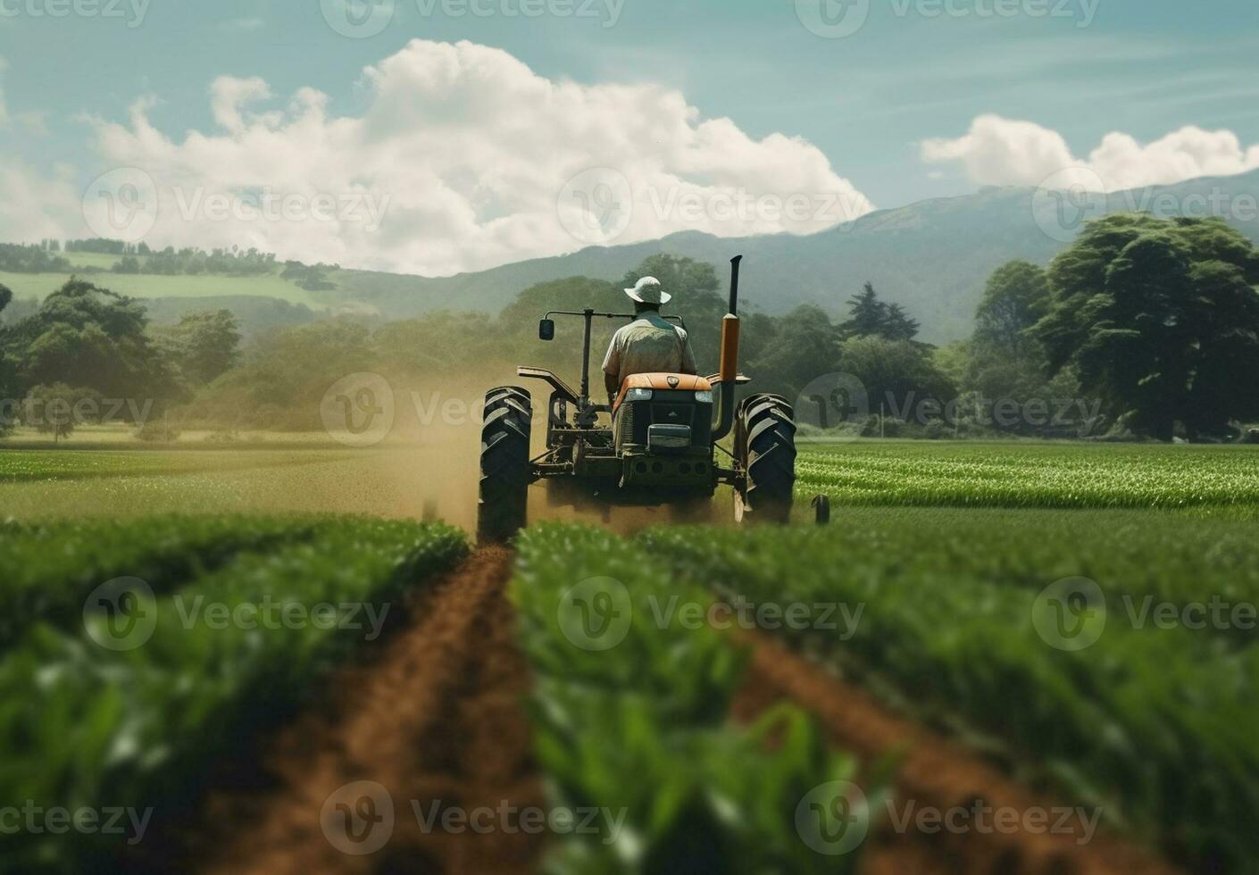 Agricultural tractor with attachments drives through farm field and agricultural background. Generative AI photo