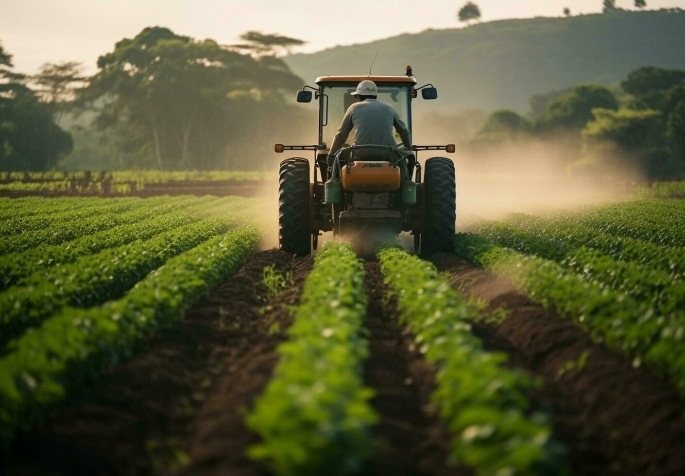 Agricultural tractor with attachments drives through farm field and agricultural background. Generative AI photo