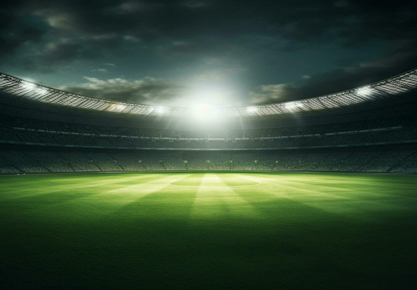 Photo of a soccer stadium at night with stadium light. The stadium was made in 3d without using existing references. Generative AI