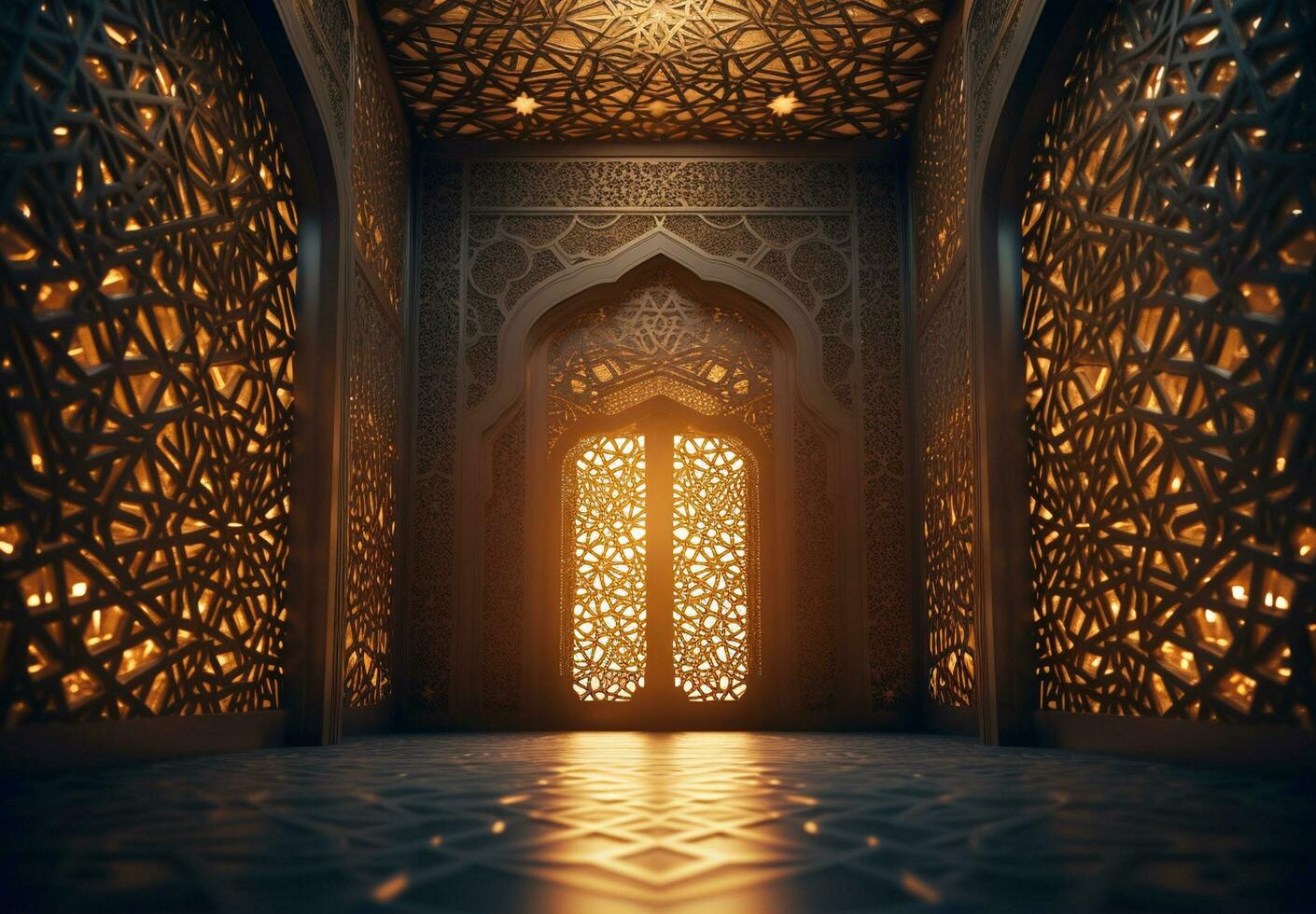 Islamic mosque background and interior with arabic traditional ornament. Generative AI photo