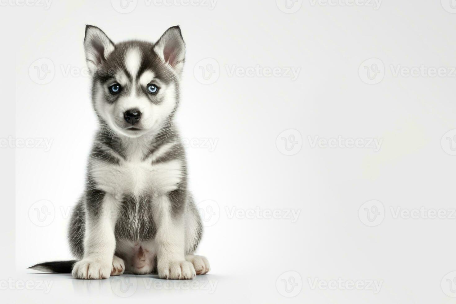 Cute purebred Husky puppy sits. Pedigree dog. Isolated on white background. With copy space. Grooming. Mockup for design, greeting card, poster, banner, advertisements. Veterinary clinic, AI generated photo