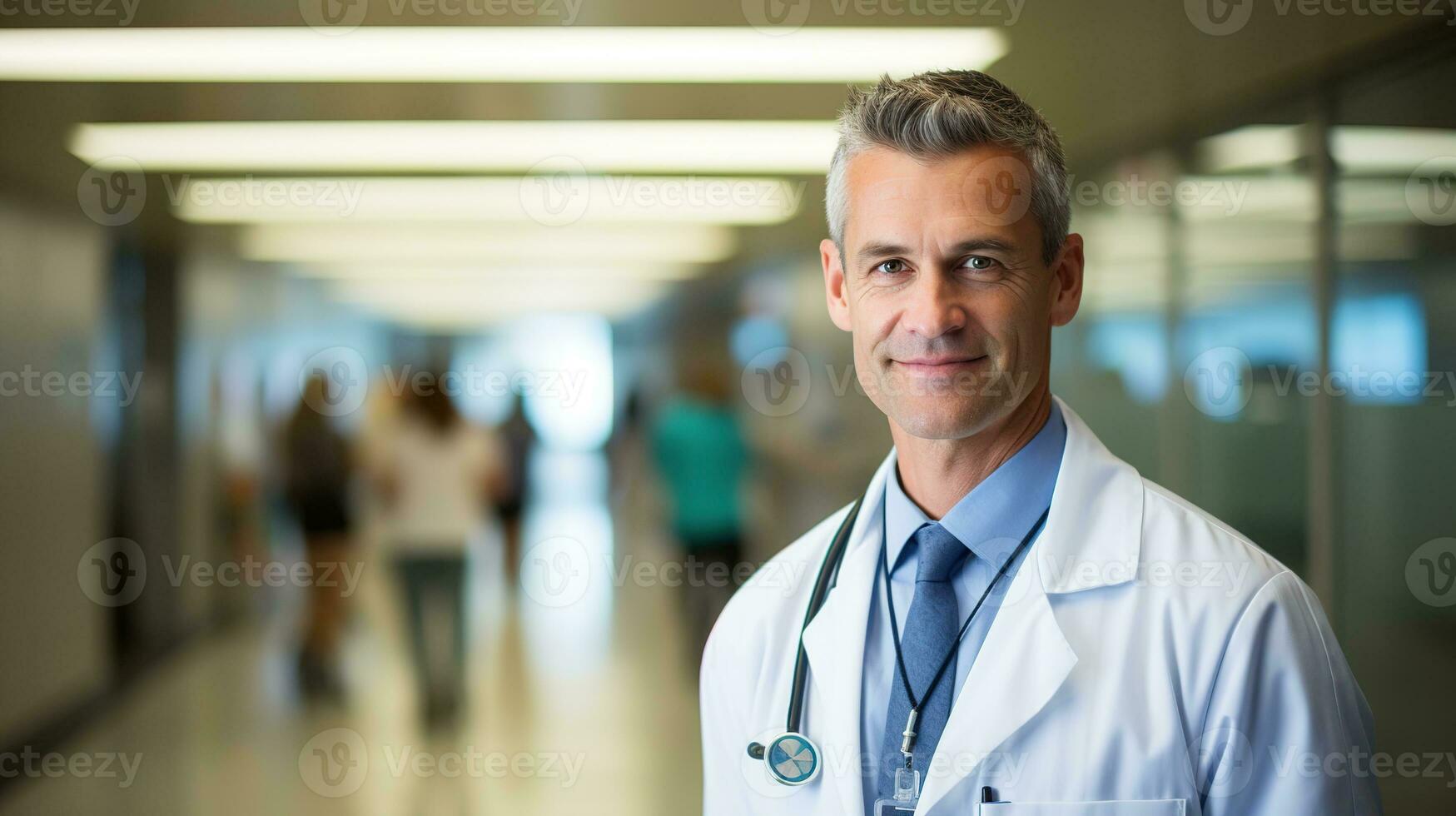 a male doctor standing in a hallway. AI generative photo