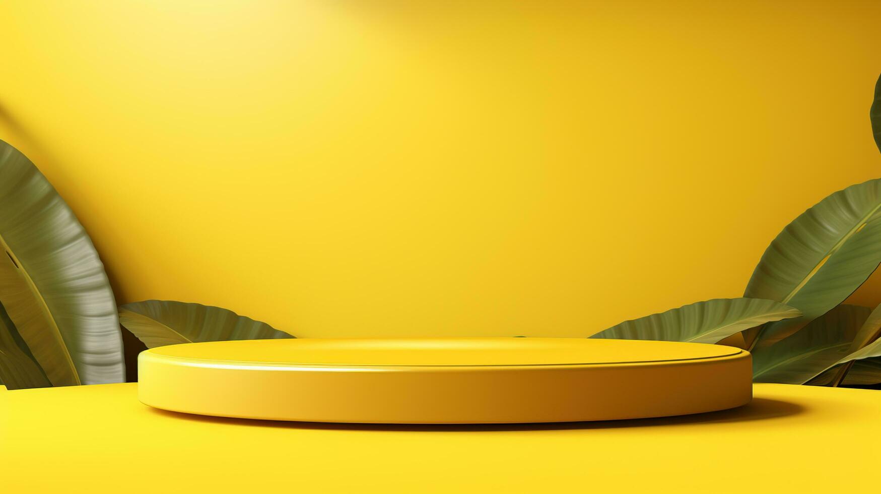yellow round table with green leaves on a yellow background. AI generative photo