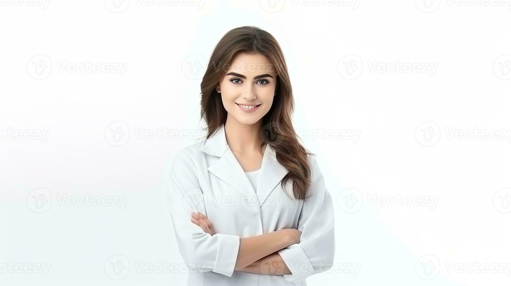 a woman in a white lab coat standing with her arms crossed. generative ai photo