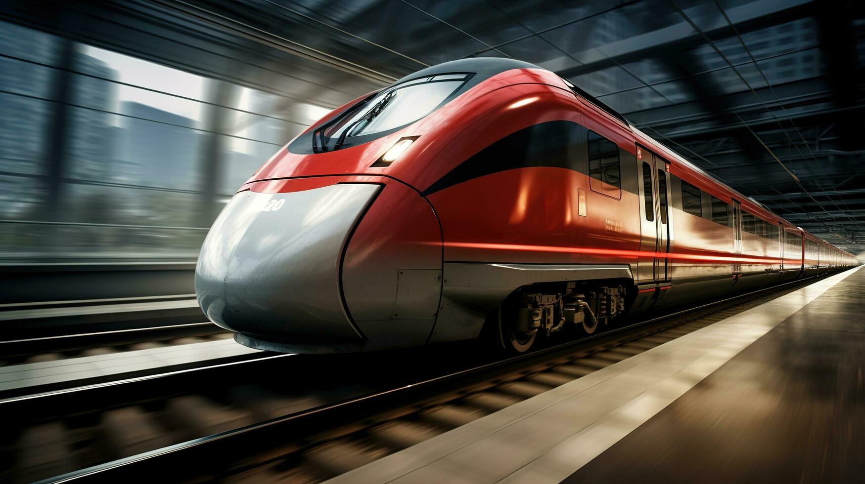 a red train is speeding through a train station. AI generative photo