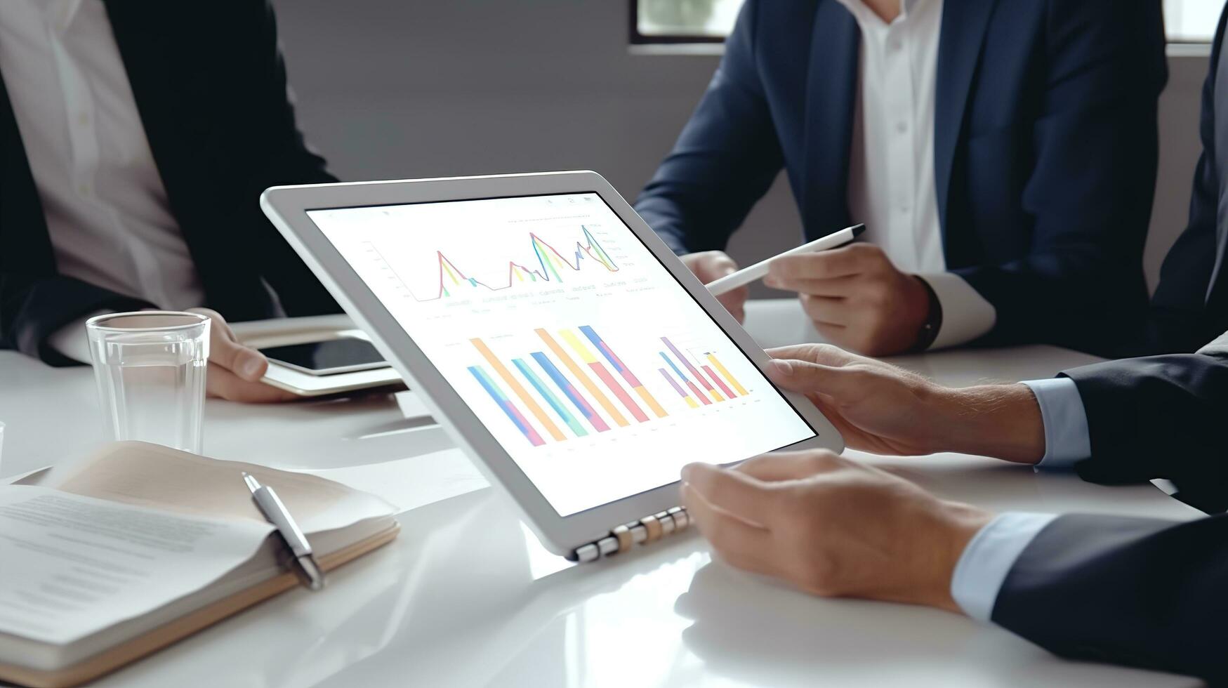 business people working on a tablet computer with graphs. AI generative photo