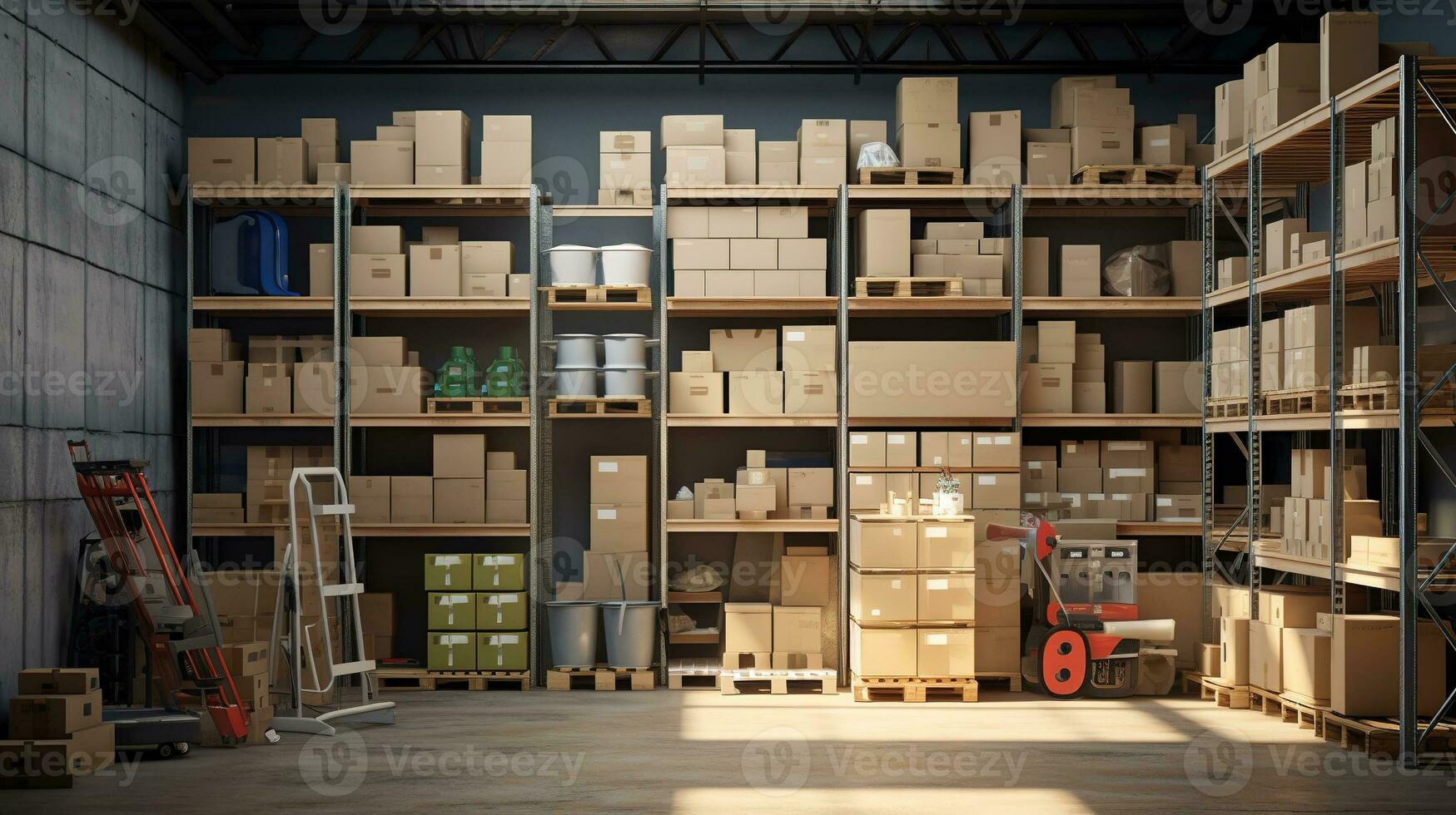 a warehouse with boxes and shelves.  AI generative photo