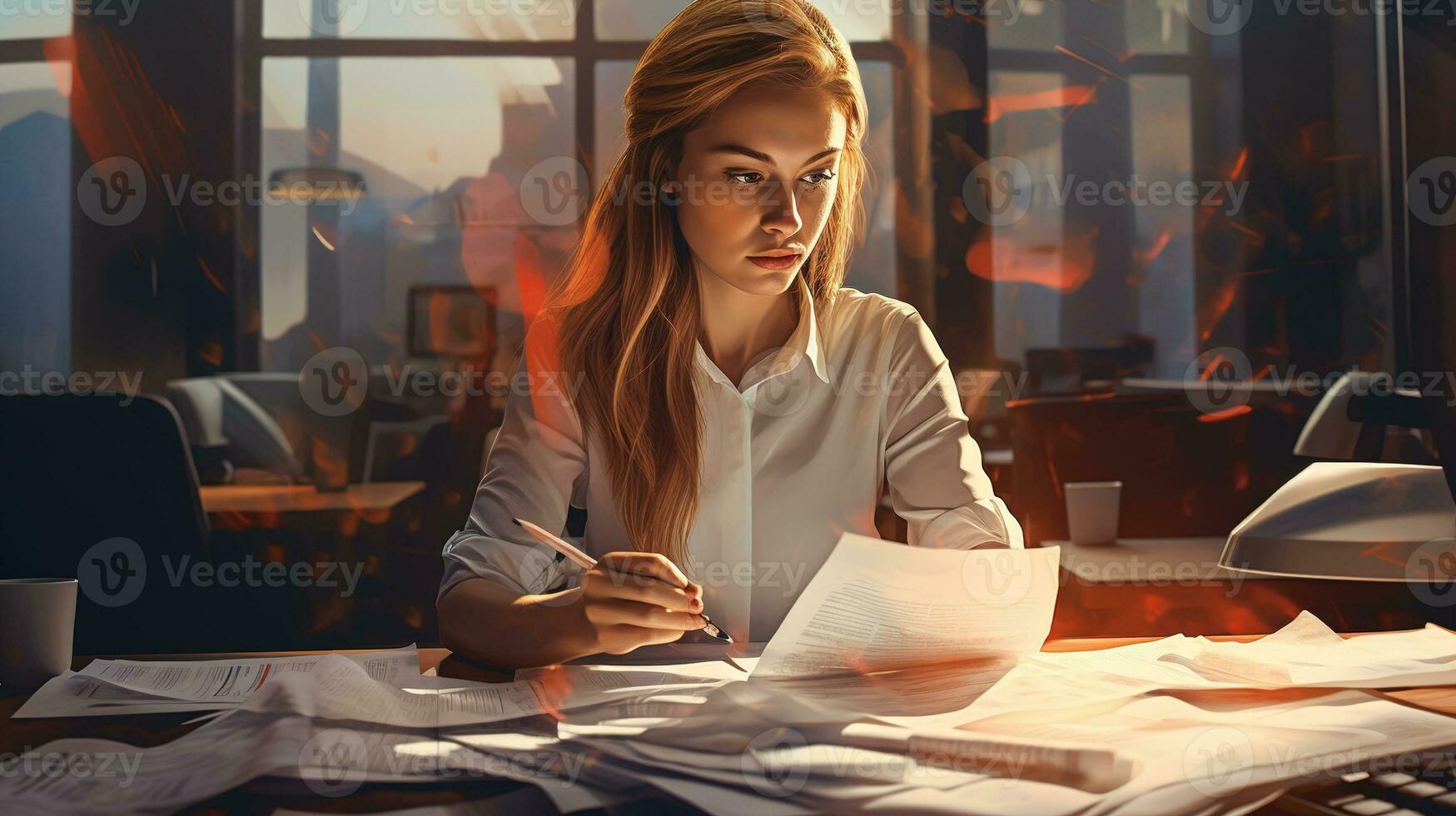 a woman sitting at a desk with papers and.AI Generative photo