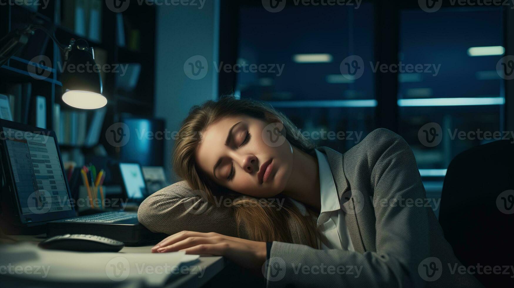 a woman sleeping on her desk at night. AI Generative photo