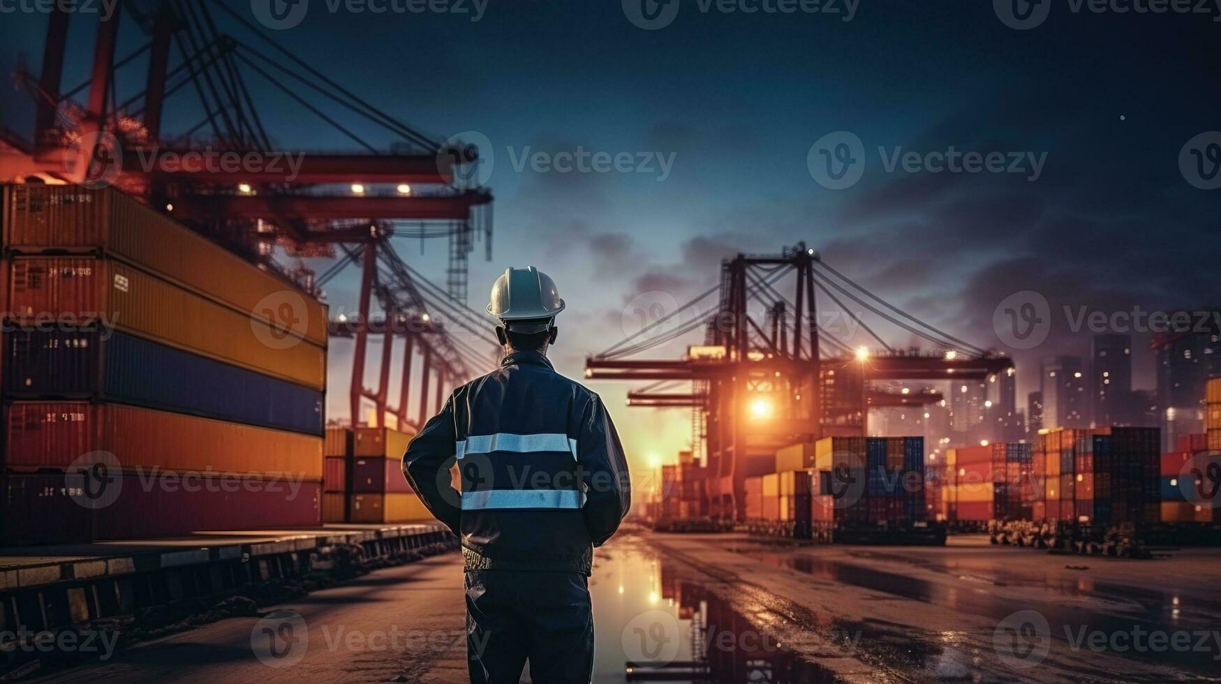 a man in a hard hat standing in front of containers. AI generative photo
