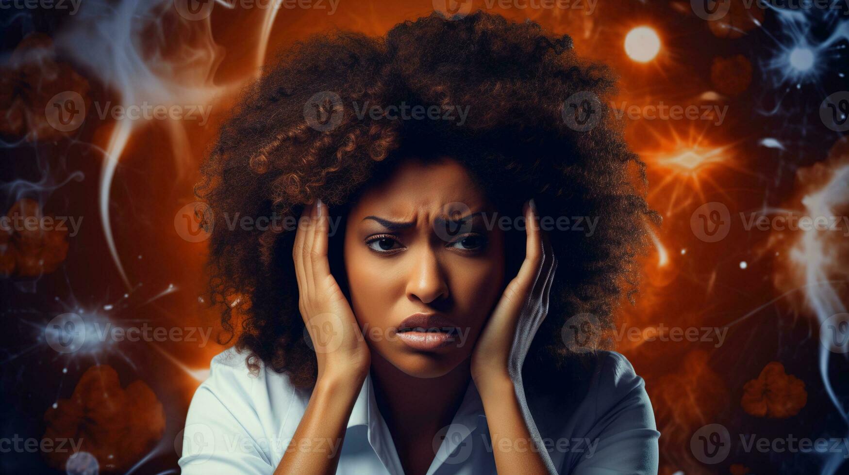a woman with her hands on her head and an angry expression.  AI generative photo